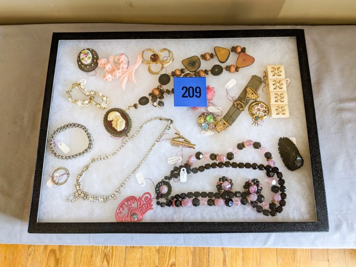 209. Vintage Jewelry - (3) Bracelets, (3) Necklaces, (9) Brooches, Shoe Clip in Case - Image 3