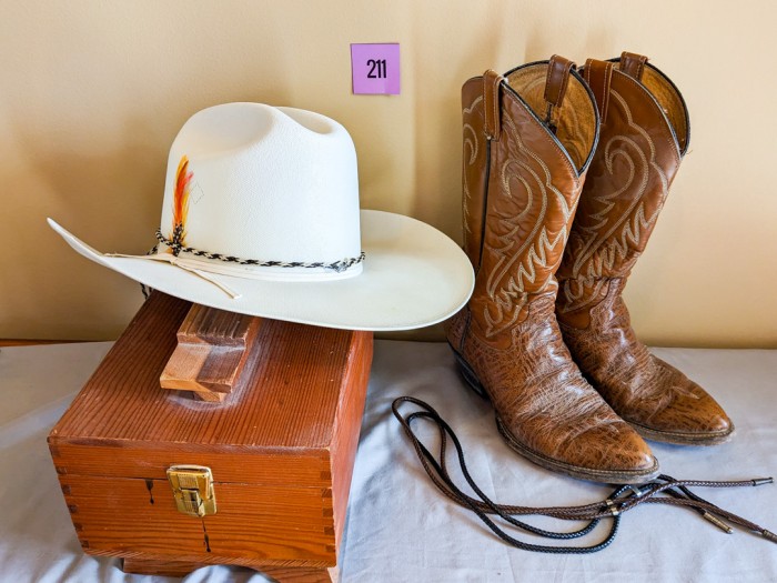 211.  Vintage Cowboy Boots- Size 8D,  Tombstone Hat - Size 7 1/8 and Shoe Kit