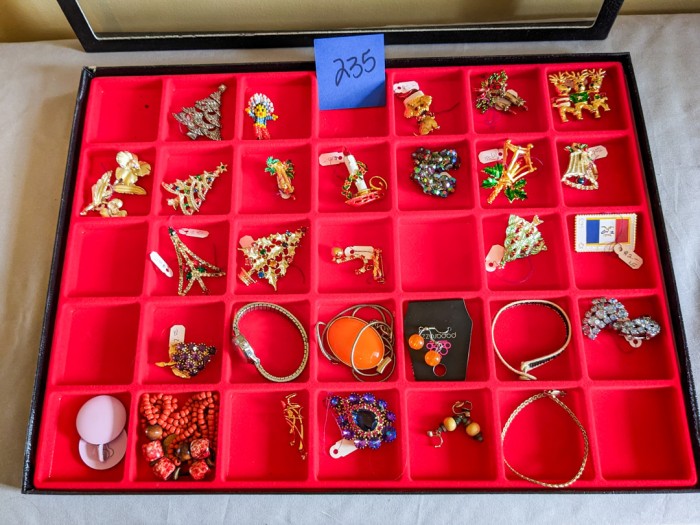 235. Vintage Jewelry - (18) Brooches, (5) Earrings, (2) Necklaces, Watch + Case