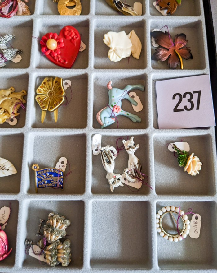 237. (20) Brooches, (4) Earrings, Tie Tack, Necklace + Case - Image 7