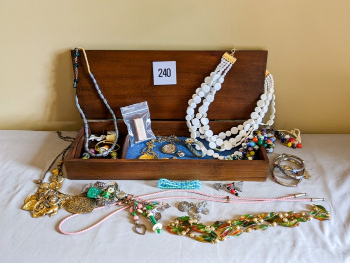 240. Jewelry Box, (8) Necklaces, (2) Watches, (5) Bracelets, Ring + (4) Brooches