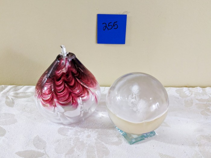 255. Art Glass Orb + Art Glass Oil Lamp (signed)