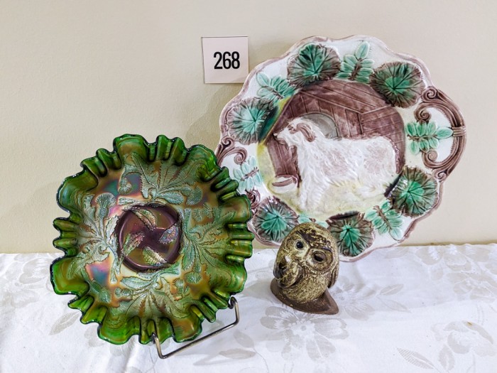 268. Carnival Glass Bowl, Dog Plate + Pottery Owl