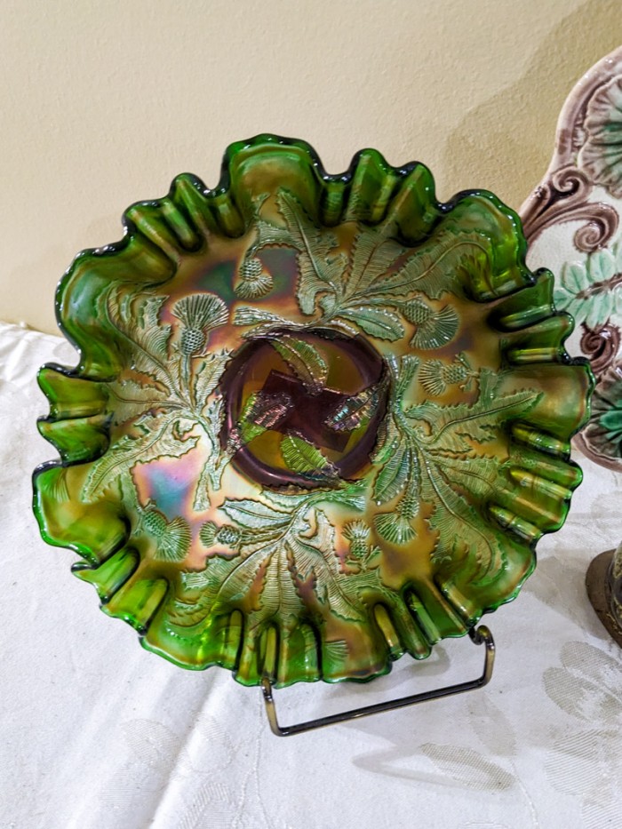 268. Carnival Glass Bowl, Dog Plate + Pottery Owl - Image 2