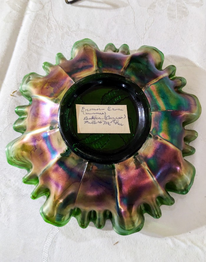 268. Carnival Glass Bowl, Dog Plate + Pottery Owl - Image 7