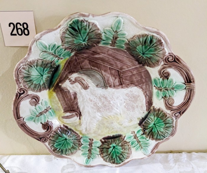 268. Carnival Glass Bowl, Dog Plate + Pottery Owl - Image 5