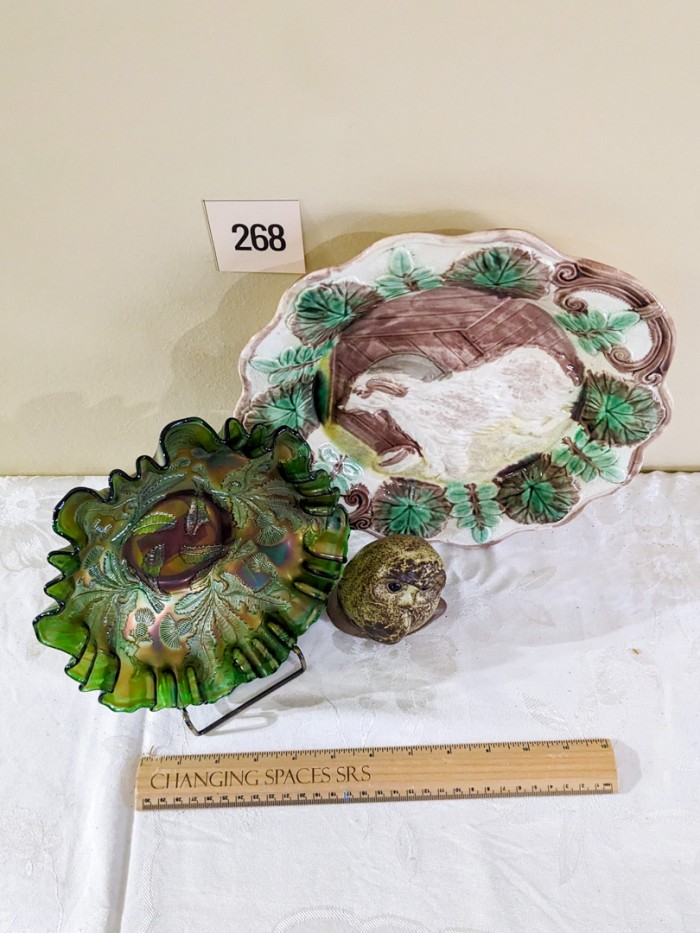 268. Carnival Glass Bowl, Dog Plate + Pottery Owl - Image 3