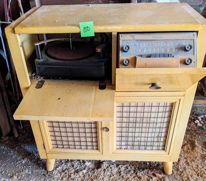 100. Project Lot - Cabinet w/ Silvertone Radio + Record Player