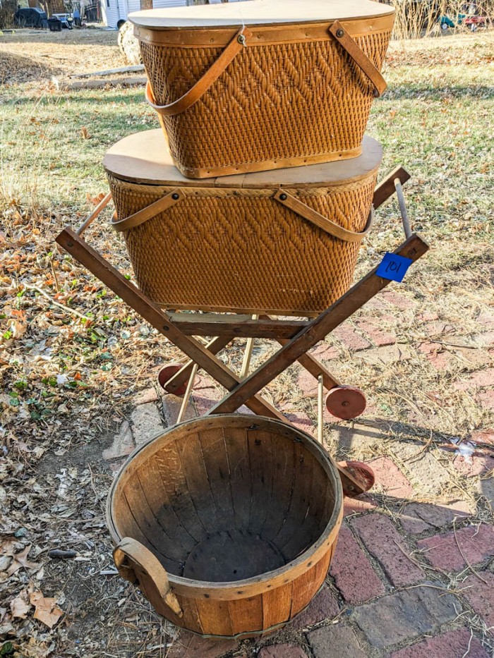 101. Project Lot - (2) Vintage Picnic Baskets, Bushel Basket + Folding Cart