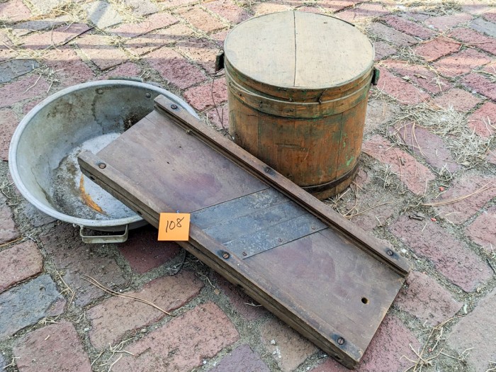 108. Antique Firkin, Kraut Cutter + Metal Bowl