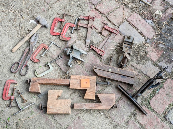 114. Vintage Clamps, Vise + Tools