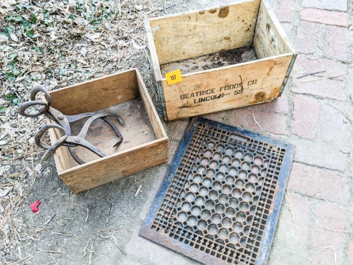 117. Vintage Crates, Metal Grate + (2) Ice Tongs