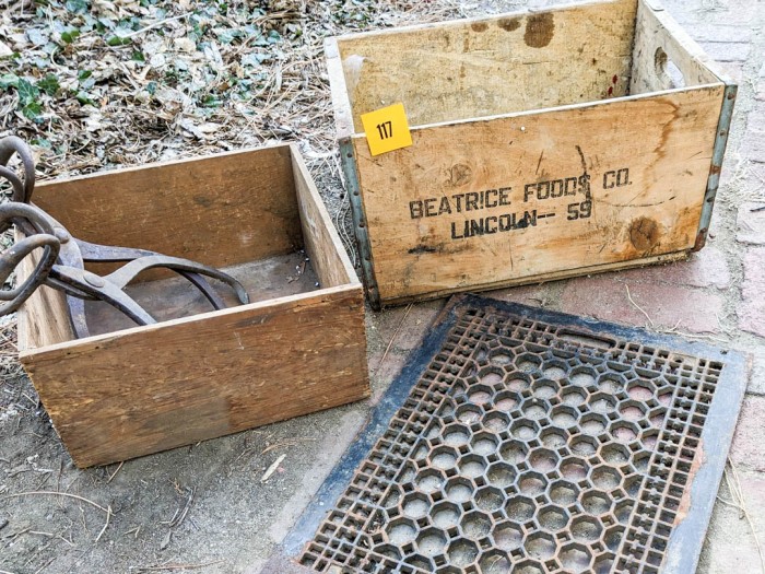 117. Vintage Crates, Metal Grate + (2) Ice Tongs - Image 2