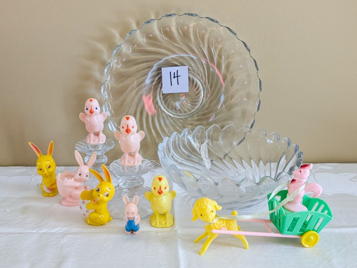 14. Vintage Plastic Easter Decor, Platter, Bowl + Candleholders