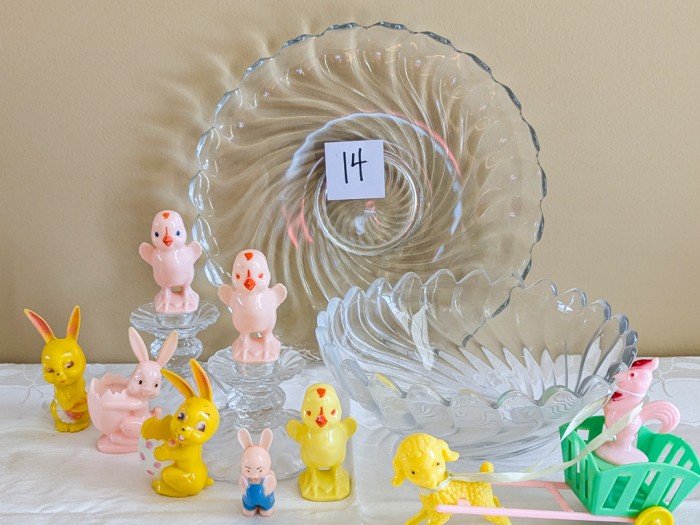 14. Vintage Plastic Easter Decor, Platter, Bowl + Candleholders - Image 3