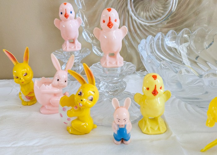 14. Vintage Plastic Easter Decor, Platter, Bowl + Candleholders - Image 4