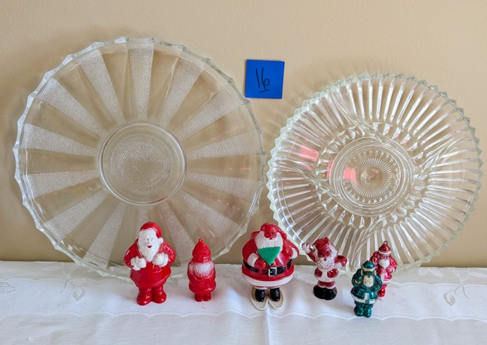 16. (2) Glass Platters + (6) Vintage Plastic Santas