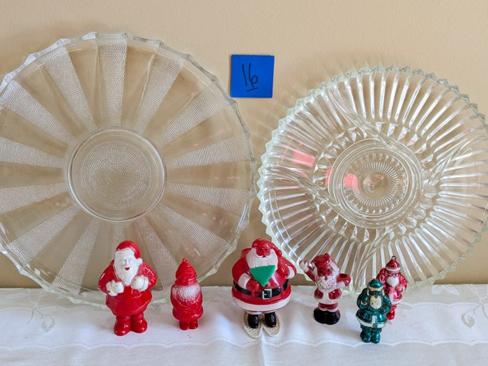 16. (2) Glass Platters + (6) Vintage Plastic Santas - Image 2