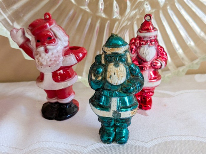 16. (2) Glass Platters + (6) Vintage Plastic Santas - Image 3