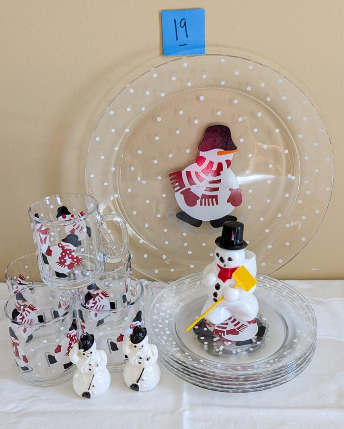 19. Snowman Platter, (6) Plates, (5) Mugs + (3) Vintage Snowman