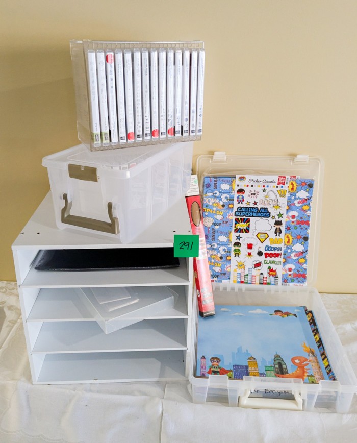 291. Scrapbook Supplies, Organizer + Cube