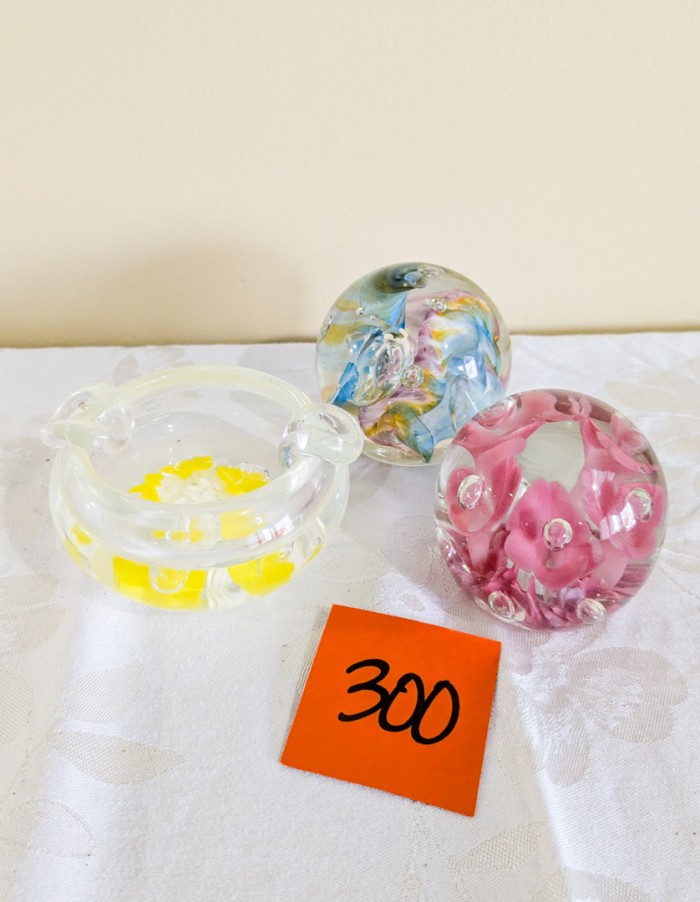 300. (2) Art Glass Paperweights + Ashtray