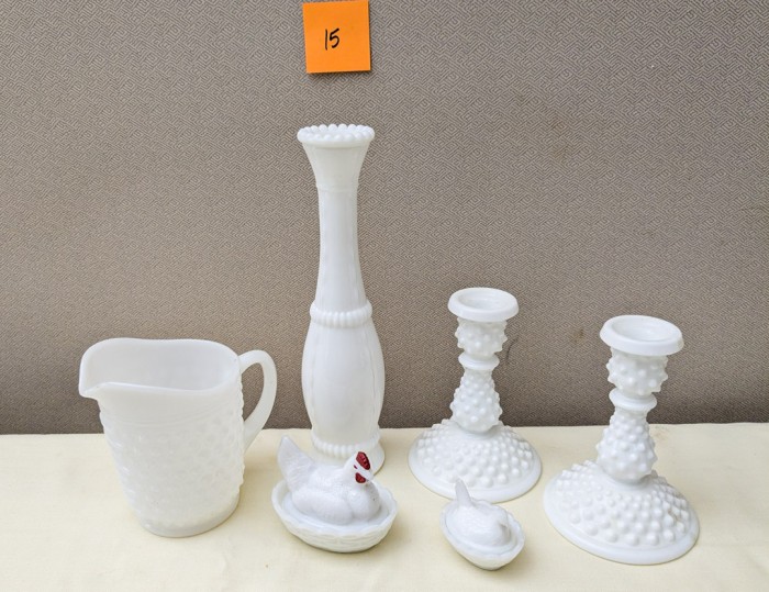 15. Milkglass Vase, Pitcher, Candleholders + (2) Mini Chicken on Nest