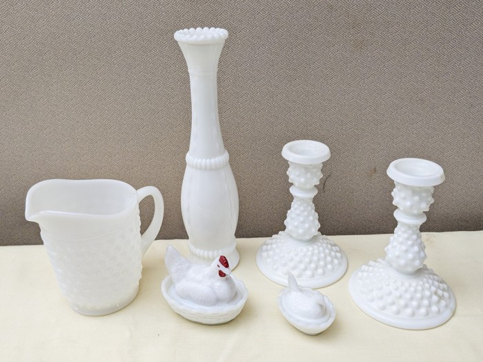 15. Milkglass Vase, Pitcher, Candleholders + (2) Mini Chicken on Nest - Image 3