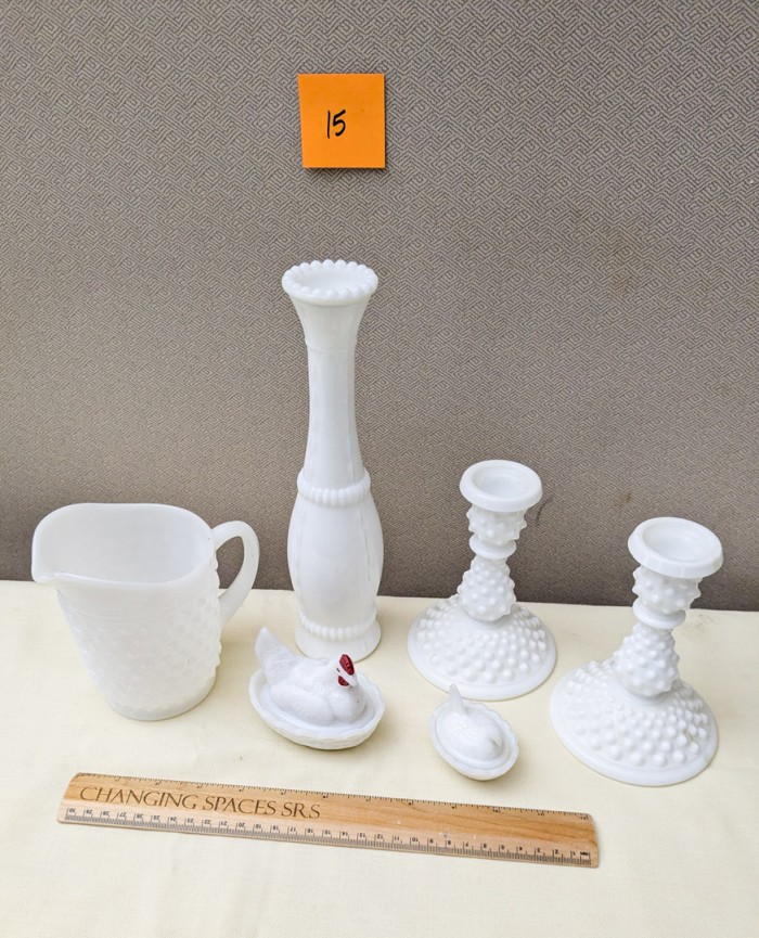 15. Milkglass Vase, Pitcher, Candleholders + (2) Mini Chicken on Nest - Image 7