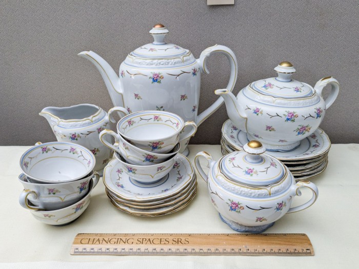 17. Bavarian China - (6) Luncheon Plates, (6) Teacups/Saucers, Teapot, Creamer + Sugar and Coffee Pot - Image 7