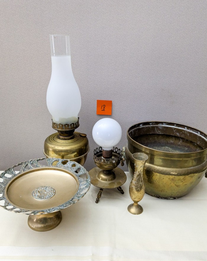 18. (2) Brass Lamps, Lg. Planter, Vase + Pedestal