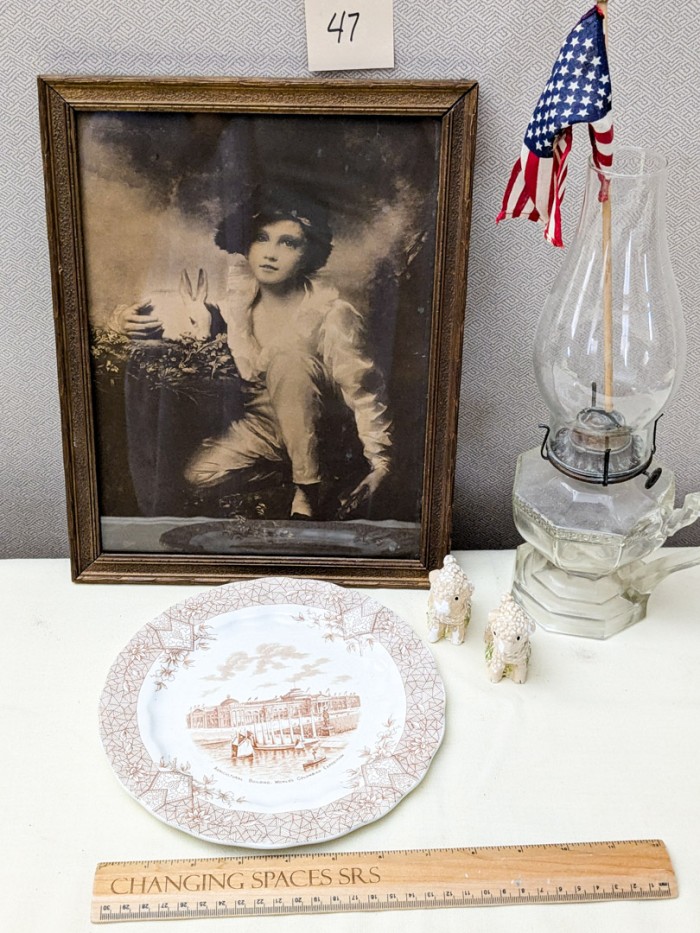 47. Oil Lamp, Plate, Chalkware Sheep + Vintage Print - Image 7