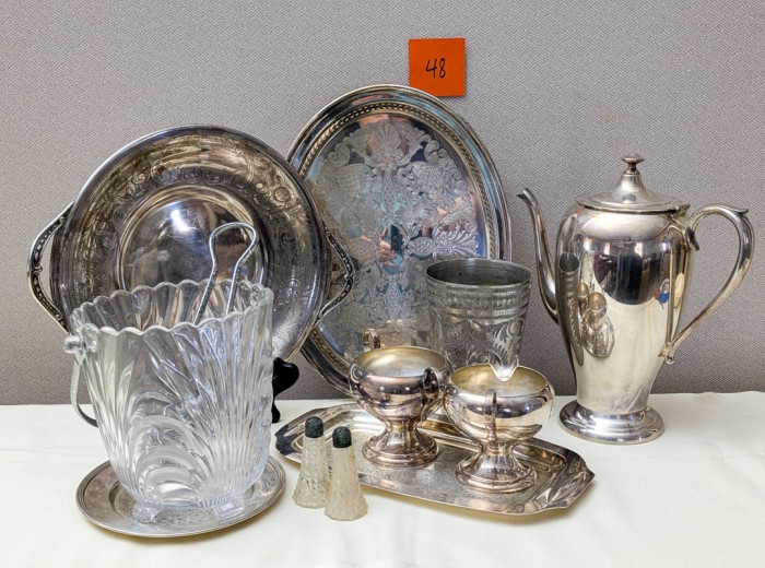 48. (8) Silverplate Pieces, Ice Bucket + Tongs