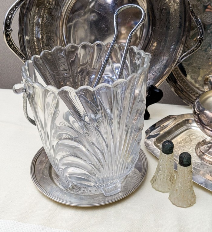 48. (8) Silverplate Pieces, Ice Bucket + Tongs - Image 3