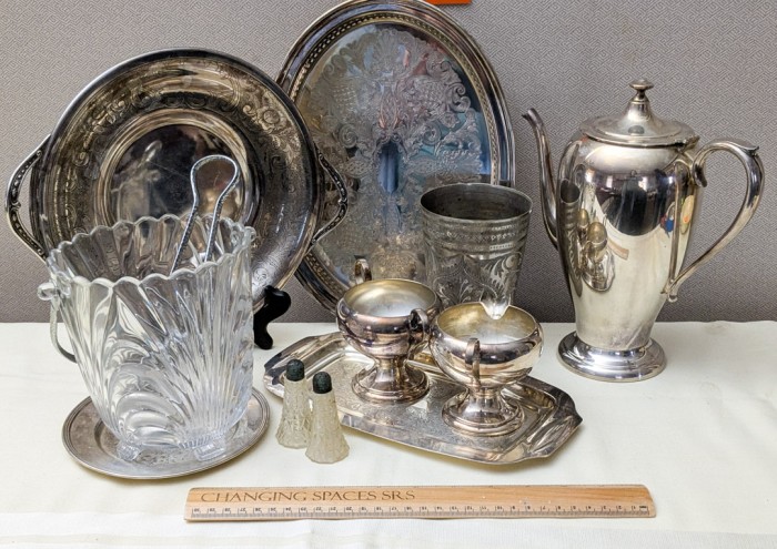 49. Silverplate Teapot, Coffeepot, (4) Wine Glasses + Covered Dish - Image 2