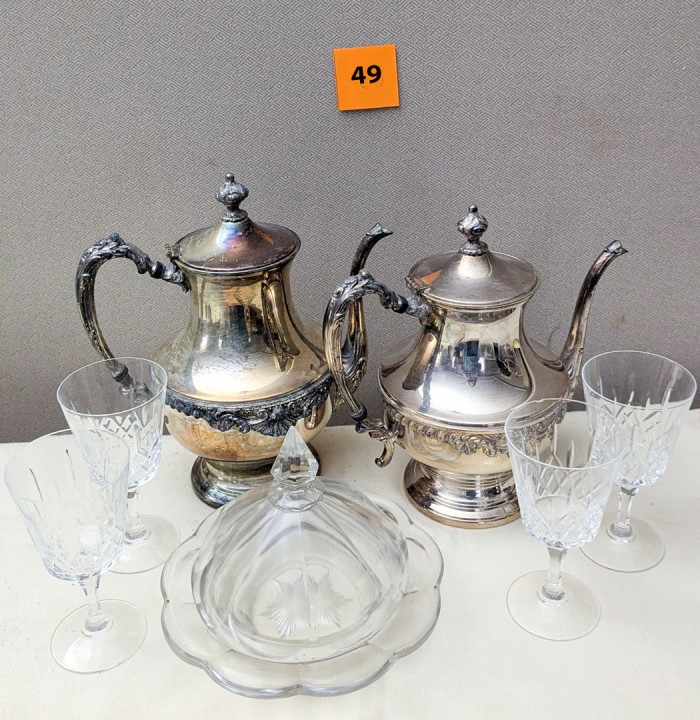 49. Silverplate Teapot, Coffeepot, (4) Wine Glasses + Covered Dish