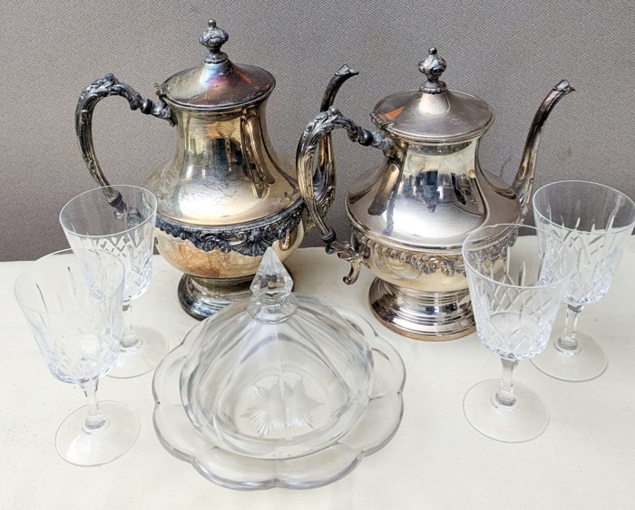 49. Silverplate Teapot, Coffeepot, (4) Wine Glasses + Covered Dish - Image 3