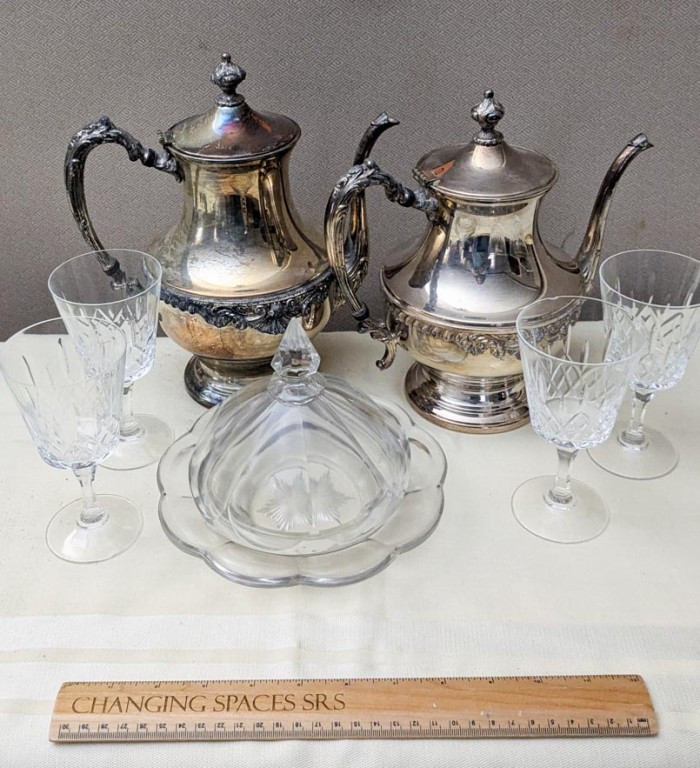 49. Silverplate Teapot, Coffeepot, (4) Wine Glasses + Covered Dish - Image 4