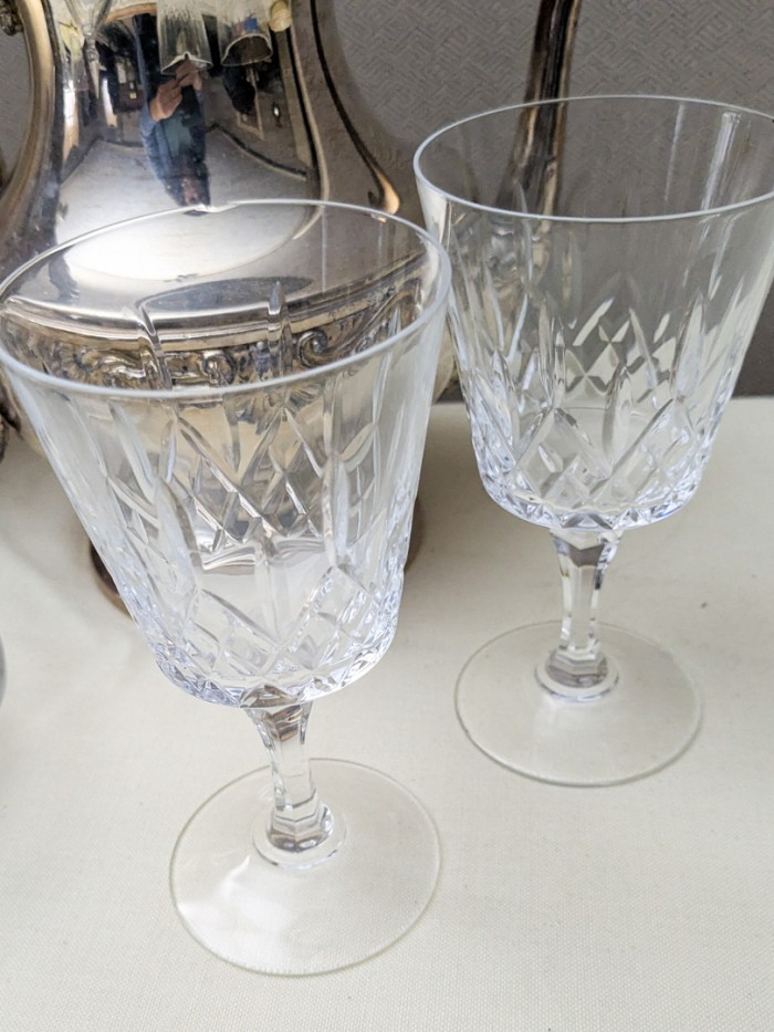 49. Silverplate Teapot, Coffeepot, (4) Wine Glasses + Covered Dish - Image 5