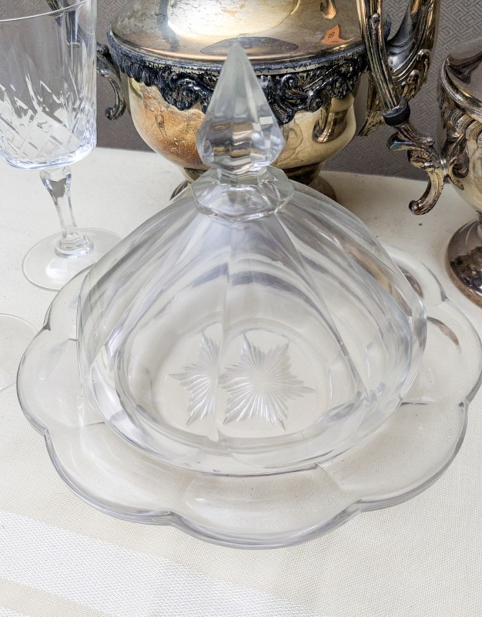 49. Silverplate Teapot, Coffeepot, (4) Wine Glasses + Covered Dish - Image 6