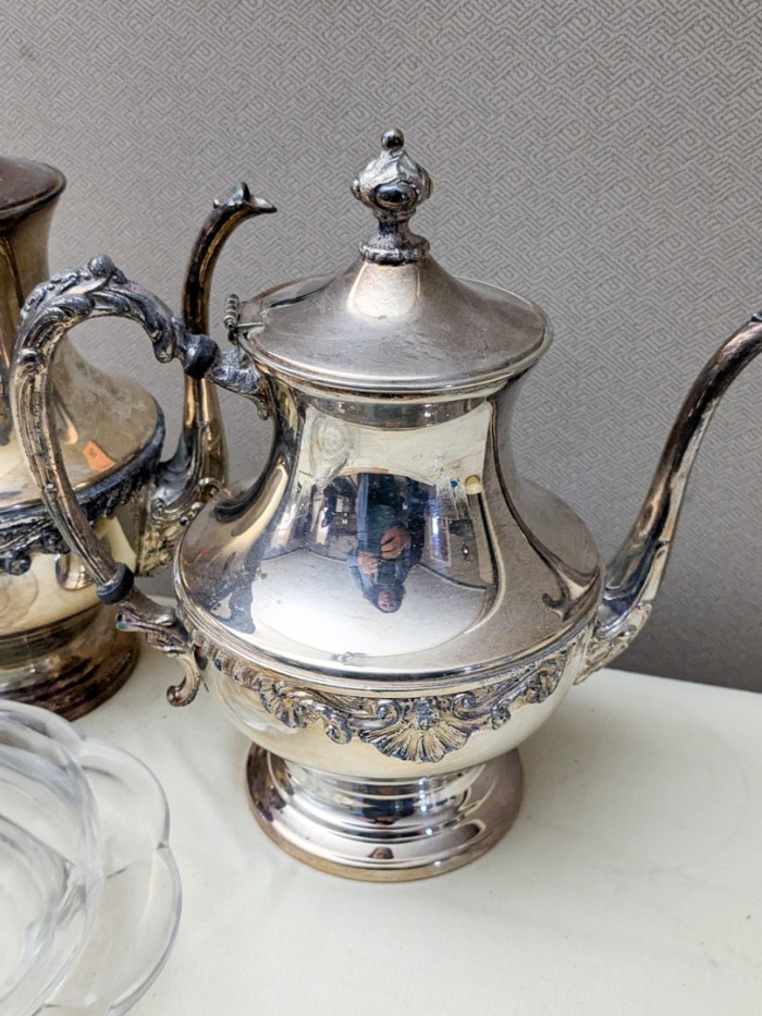 49. Silverplate Teapot, Coffeepot, (4) Wine Glasses + Covered Dish - Image 7