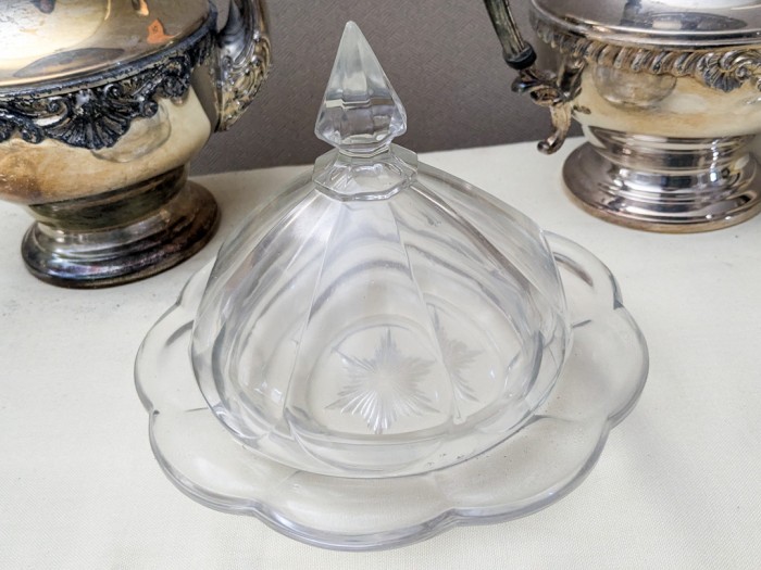 49. Silverplate Teapot, Coffeepot, (4) Wine Glasses + Covered Dish - Image 9