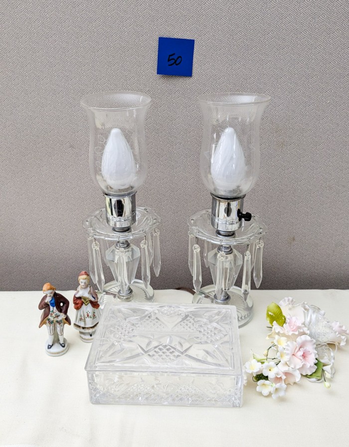 50. (2) 14" Lamps, Crystal Box, Flowers + (2) Mini Figurines