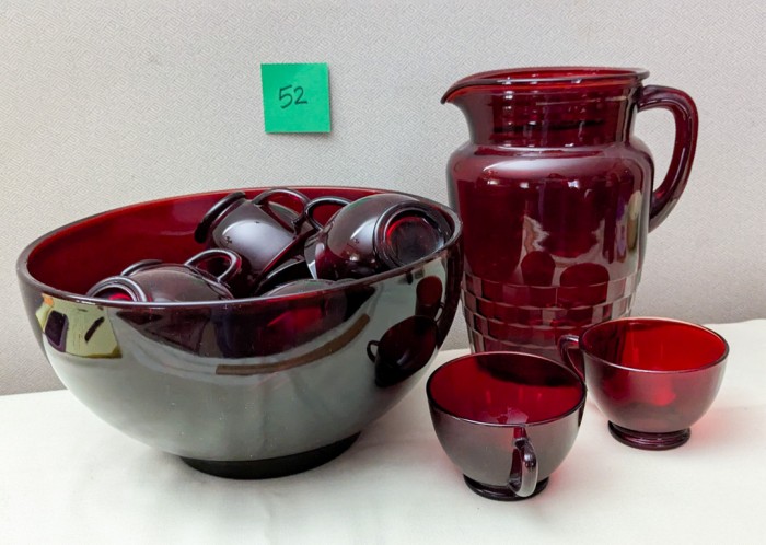 52. Red Glass Pitcher, Punchbowl + (12) Mugs