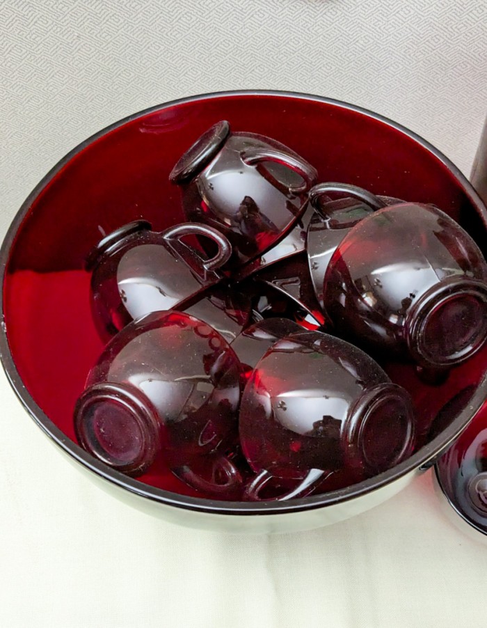 52. Red Glass Pitcher, Punchbowl + (12) Mugs - Image 2