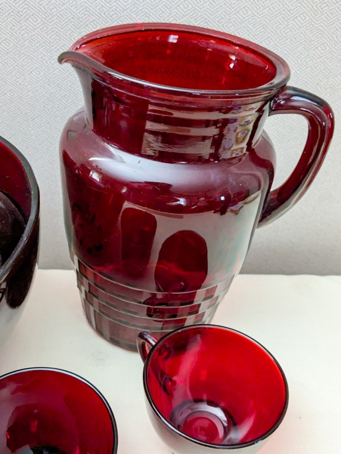 52. Red Glass Pitcher, Punchbowl + (12) Mugs - Image 3