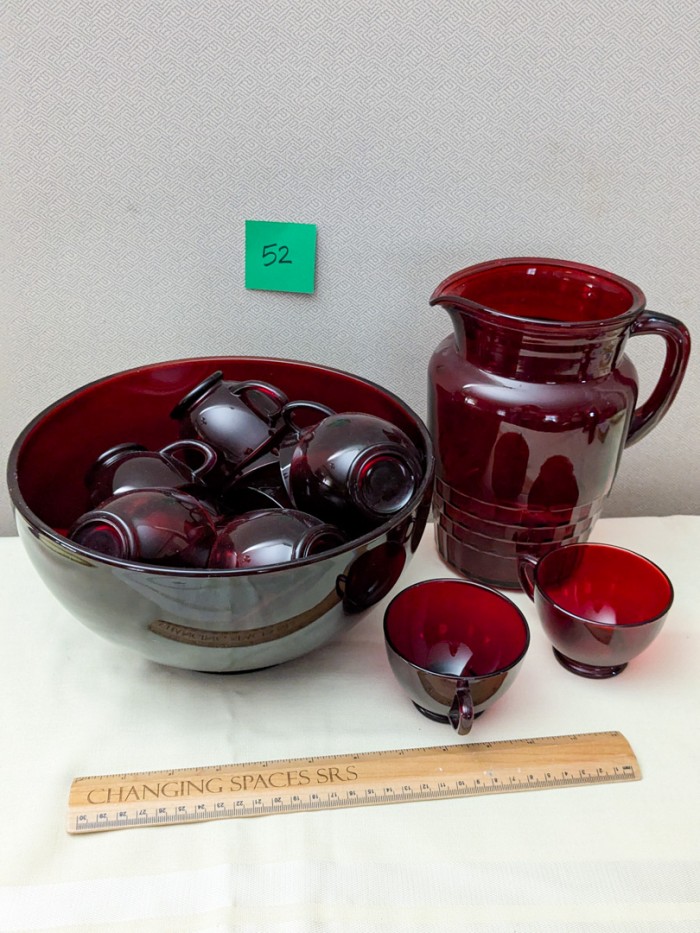 52. Red Glass Pitcher, Punchbowl + (12) Mugs - Image 4