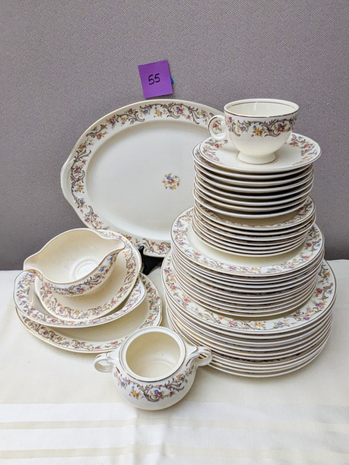 55. Smith Taylor Smith China - (12) Dinner Plates, (10) Salad Plates, (7) Bread Plates, (1) Teacup/(8) Saucers, (4) Serving Pieces + Sugar Bowl