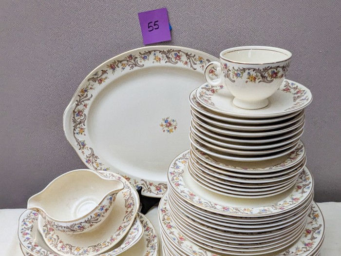 55. Smith Taylor Smith China - (12) Dinner Plates, (10) Salad Plates, (7) Bread Plates, (1) Teacup/(8) Saucers, (4) Serving Pieces + Sugar Bowl - Image 2