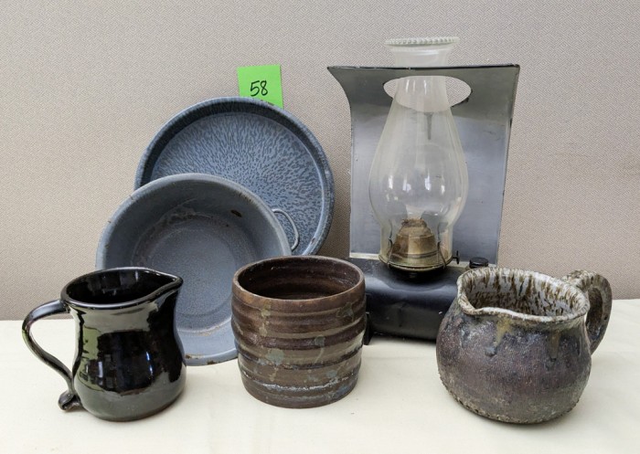 58. (3) Pottery Pieces (signed), Oil Lamp + (2) Graniteware Pieces